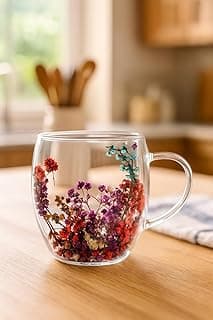 SKDBPM Double Wall Glass Mug with Dried Flowers – Elegant Insulated Coffee/Tea Cup | Transparent Floral Design | 250ml | Ideal for Gifting, Home & Office(Flower Double Wall Mug)