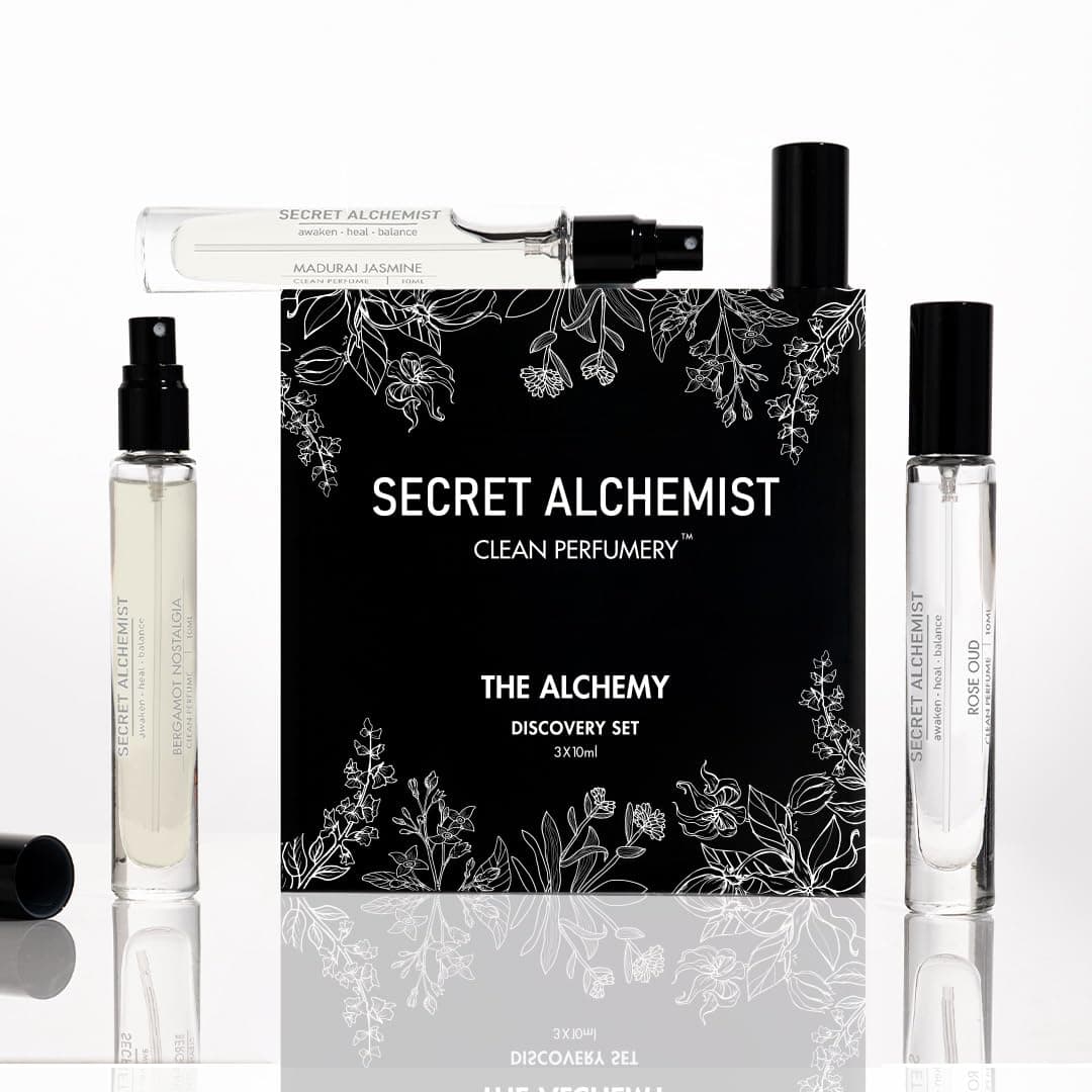 Secret Alchemist Clean Perfume Discovery Set of 3 EDP – Long Lasting Unisex Perfume Gift Set for Women & Men, Floral & Fresh | Rose Oud, Bergamot Nostalgia, Madurai Jasmine 10 ml×3 | Travel Size