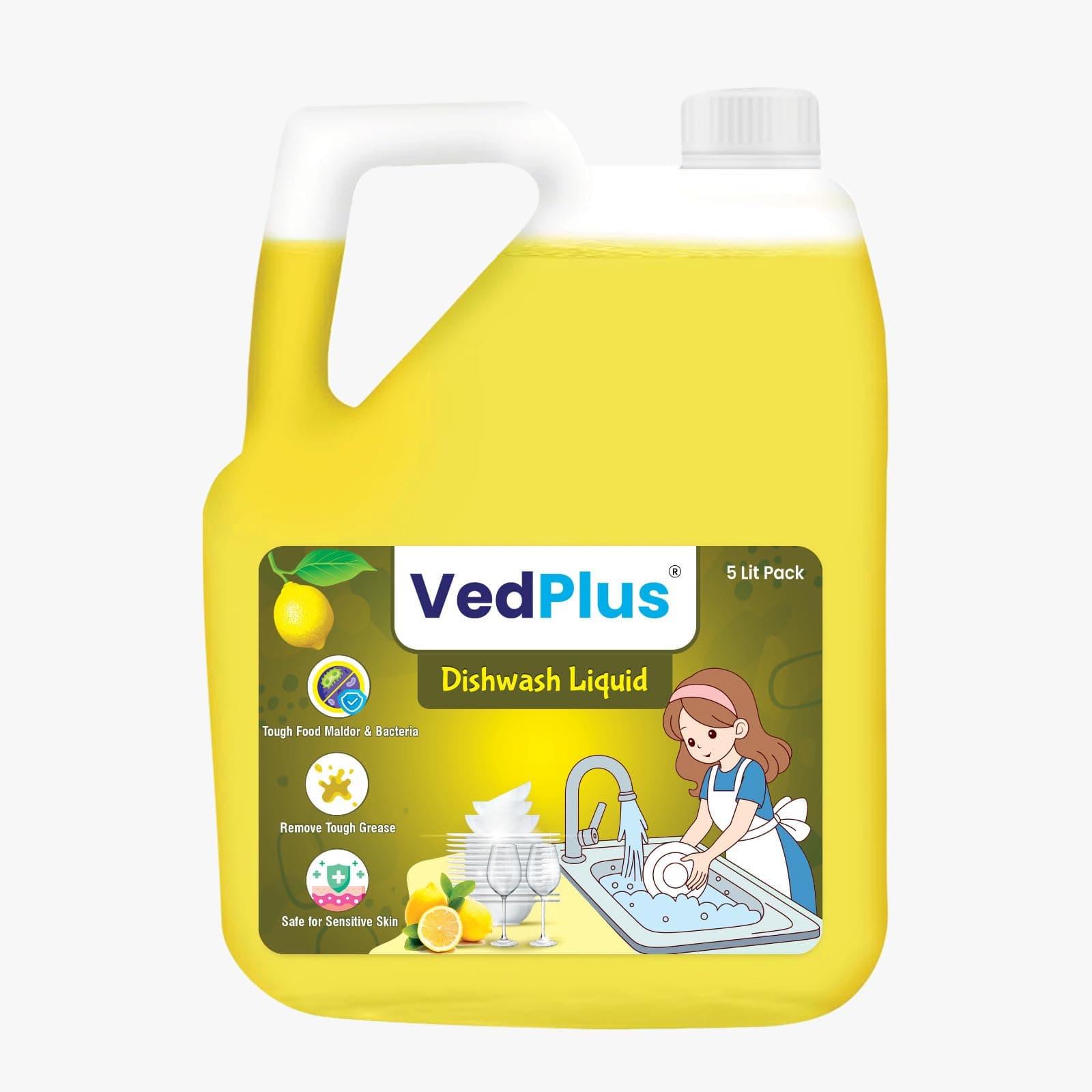 VedPlus Dishwash Liquid – 5L| Powerful Grease & Stain Remover | Lemon Fragrance | Removes Tough Food Odors & Bacteria | Gentle On Hands & Safe For Sensitive Skin | Ideal For Home & Commercial Use