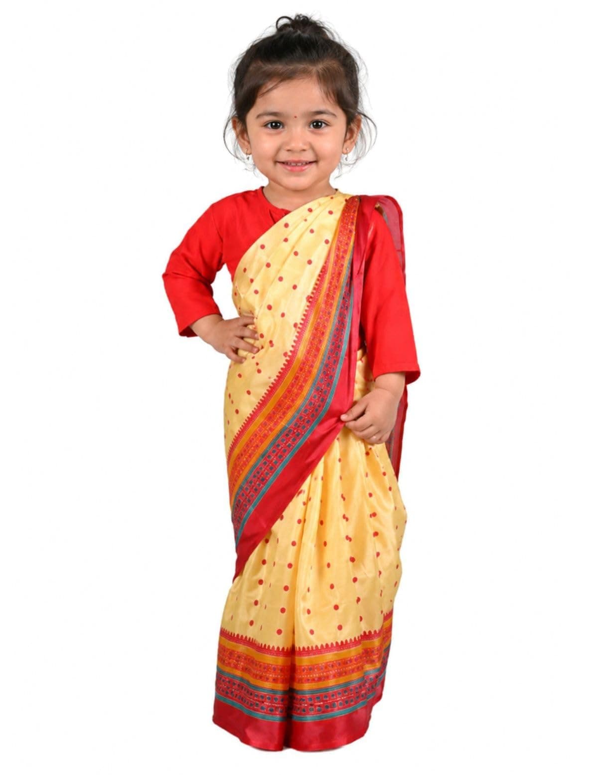 BookMyCostume Bihu Dance Sari Assamese Indian State Kids Fancy Dress Costume for Girls 7-8 Years