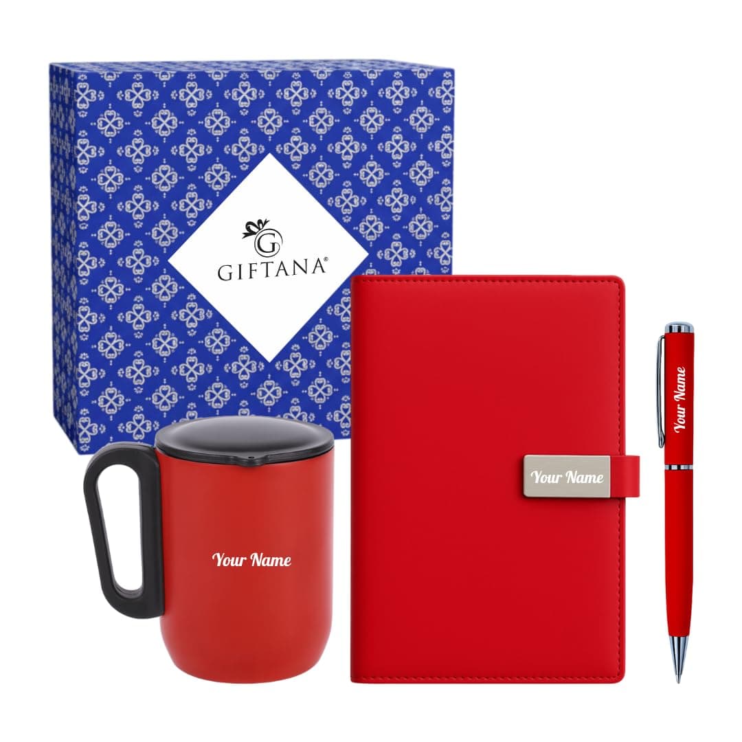 Giftana 3 in 1 Personalized Diary with Pen, Coffee Tumbler Gift Set for Employee (Red 2)
