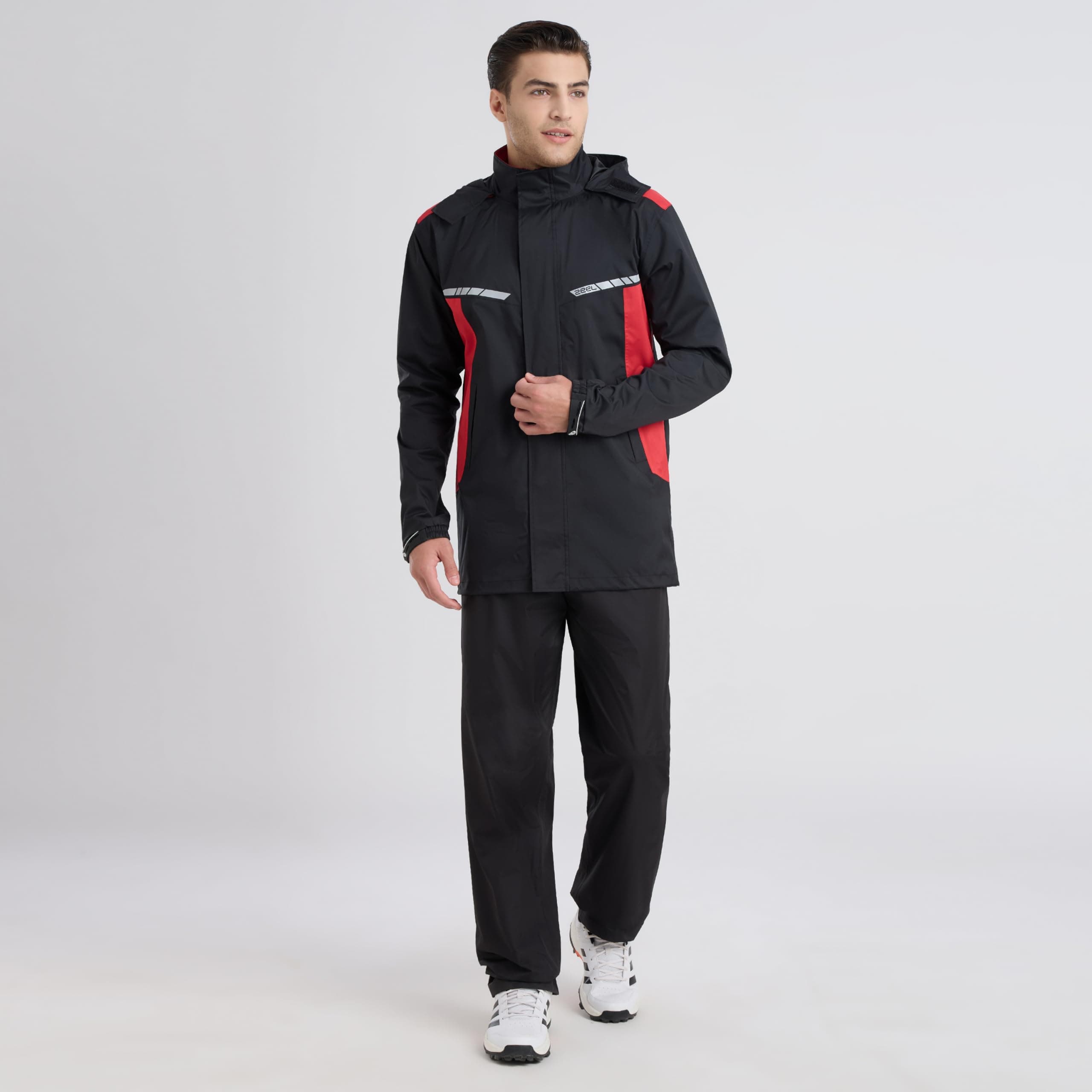 ZEEL Raincoat with Adjustable Hood, Polyester Waterproof Full Sleeves, Backpack Friendly Pleate, Top and Bottom Set Rainwear, Front Zip with Snap Button Flap (EJS502, Black-Red, L)
