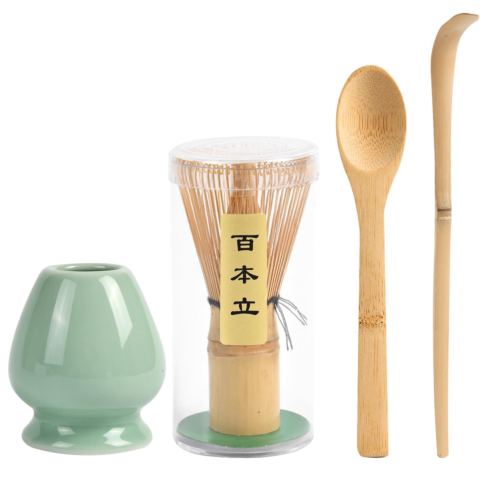 Cemruy Matcha Whisk Set (4pcs, Bamboo, Green) - Japanese Matcha Whisk, Chasen, Whisk Holder, Tea Scoop, Tea Spoon