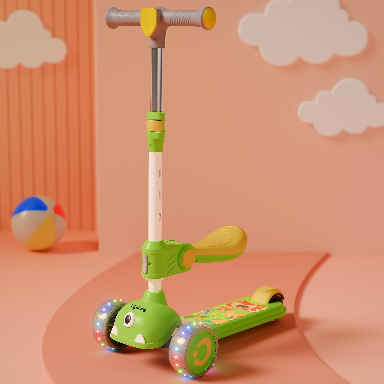 Lifelong Kids Scooter for Boys & Girls | Foldable Seat | LED PU Wheels | 4-Level Adjustable Height | BIS Certified | 50Kg Capacity | PPCP Body, Nylon Base, Aluminum Handle (Green & Yellow)