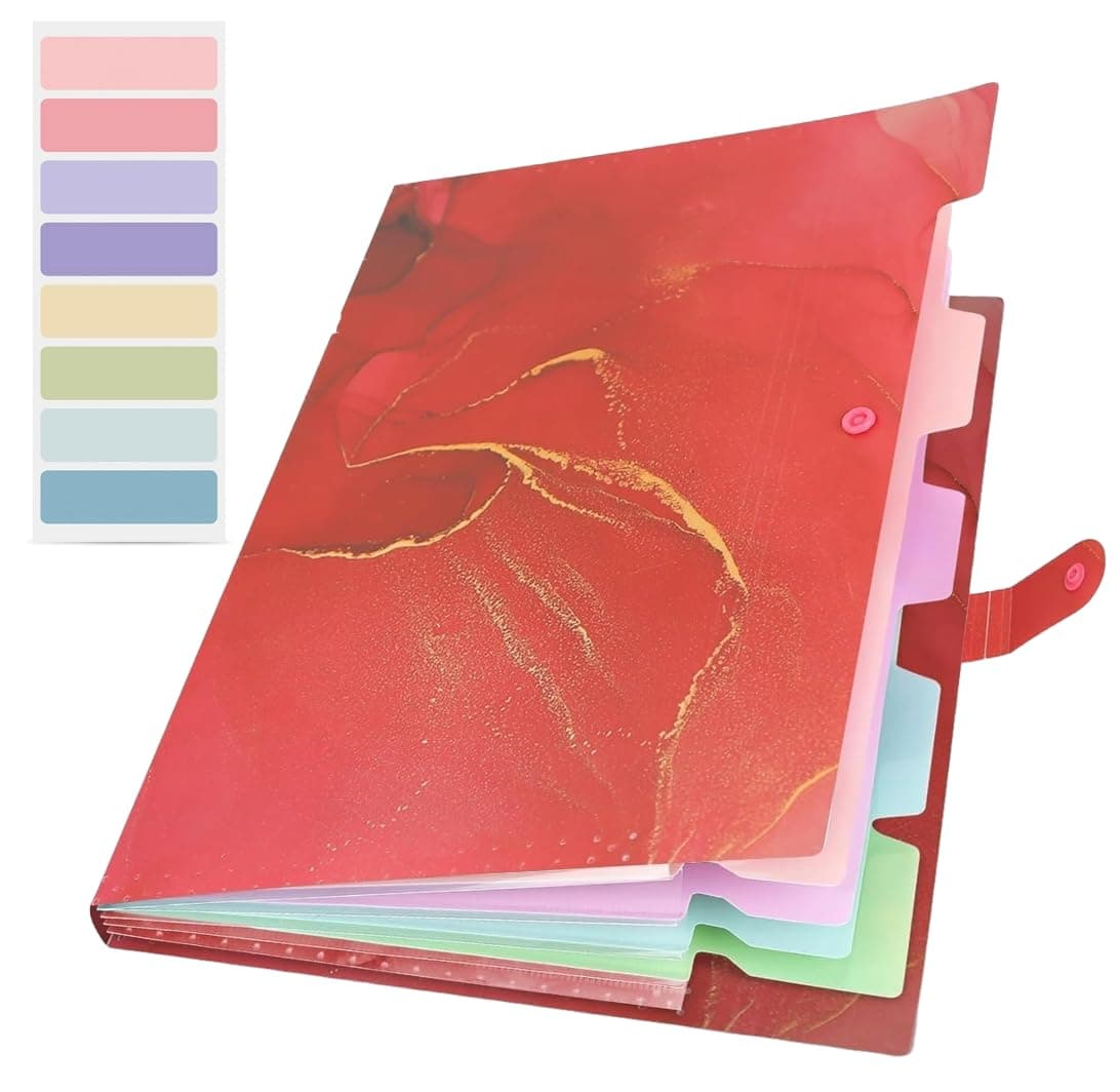 Corslet Expanding File Folder, Aesthetic Folders for School, Accordion File Organizer, Aesthetic Folder with Labels,5 Pockets Important Document Folders for School Office Home Marble Red