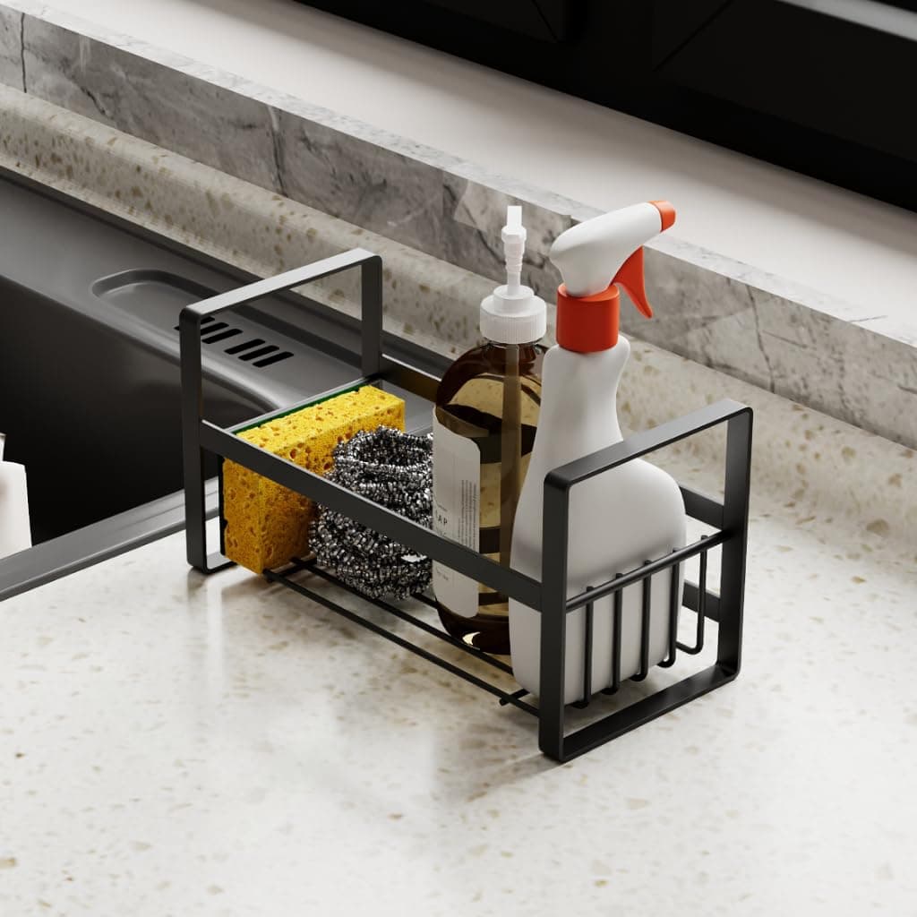 LAPO Wall Mounted Storage Organizer for Bathroom, Self Adhesive Rack for Kitchen Sink Accessories and Utility Use, Multipurpose Storage Rack (Black, Pack of 1)