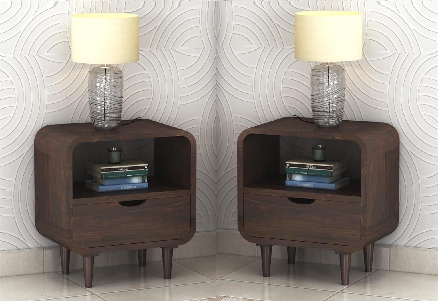 MURALICRAFT Solid Sheesham Wood Bedside Table for Bedroom | Wooden Set of 2 Bed Side Nightstand Lamp Table with Drawer & Open Shelf Storage for Home & Hotels | Rosewood, Walnut
