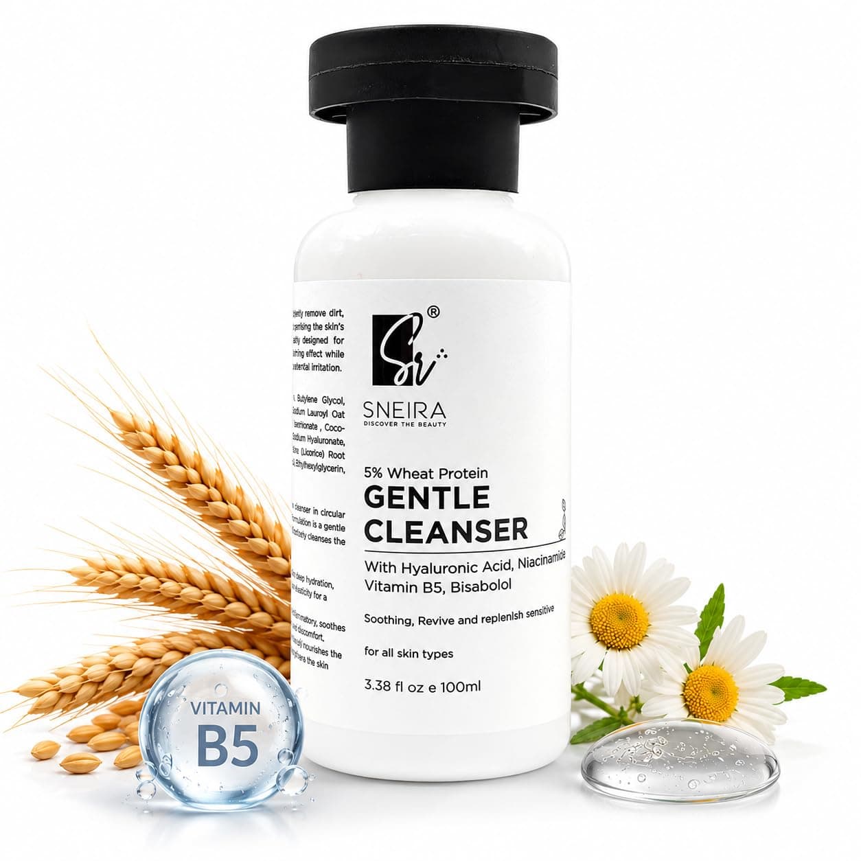 SNEIRA Gentle Cleanser (100 ml) with 5% Wheat Protein, Hyaluronic Acid, Niacinamide, Vitamin B5 & Bisabolol | Nourishing Formula for Hydrated, Smooth Skin|Cleansers For All Skin-type