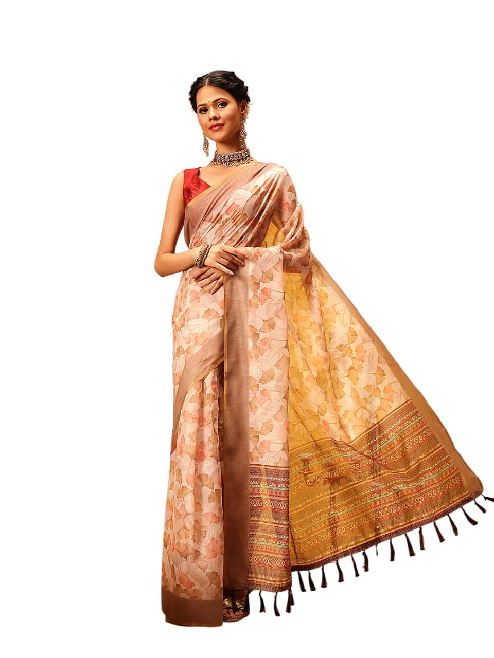 Amazon Brand - Anarva Floral Printed Kotha Silk Ready to Wear Saree With Zari Border