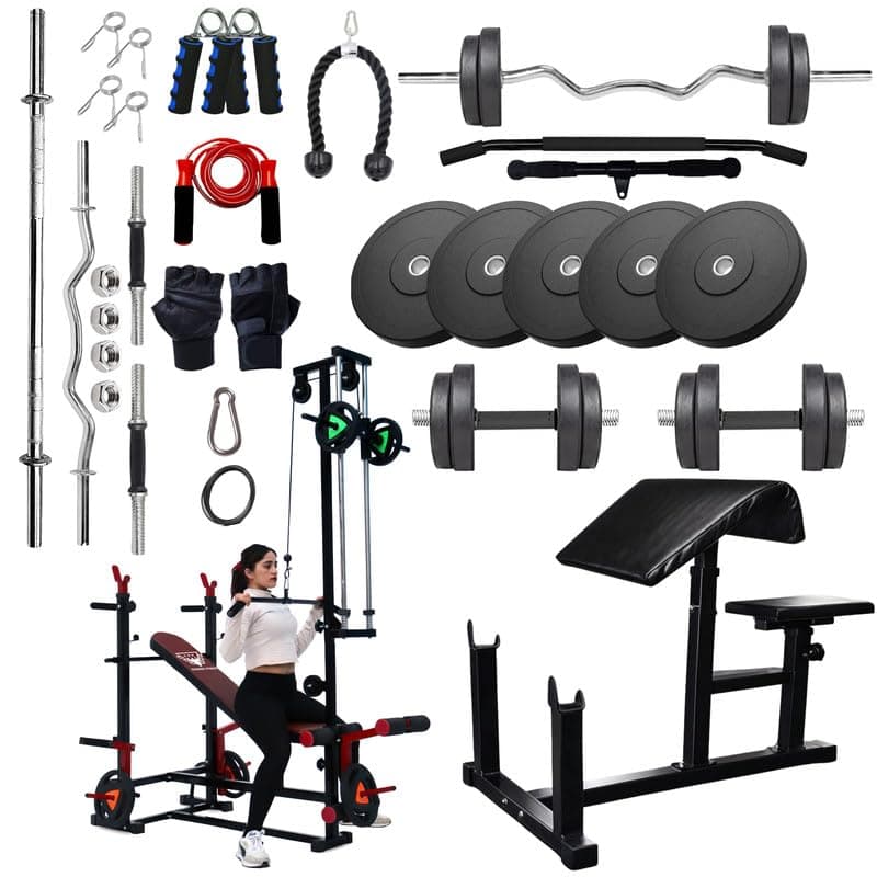 VAISHNAVI FITNESS 20-in-1 Multipurpose Gym Bench Press Station for Home Gym | Full-Body Workout with LAT Pulldown, Leg Curl, Dip Bar & Adjustable Angles | Heavy-Duty Iron Frame, Red & Black - 30kg