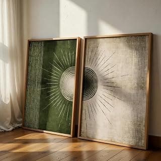 Livin'luxe Modern Sunburst Abstract Wall Painting Set of 2 with Wooden Color Synathetic Frames | Minimalist Geometric Line Art HD Sparkle Laminated MDF Wall Decor | Contemporary Wall Art for Living Room Bedroom