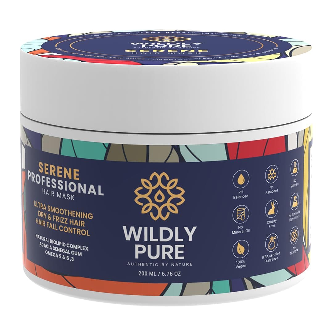 Wildly Pure Professional Hair Mask for Dry, Frizzy & Damaged Hair | 7 Days Spa Smoothening | Natural Biolipid Complex &12 Oils | Strengthening & Repair | Men & Women | 200ML (Serene)
