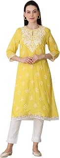 W for Woman Yellow Floral Printed Dull Shantung Chikankari Straight Kurta