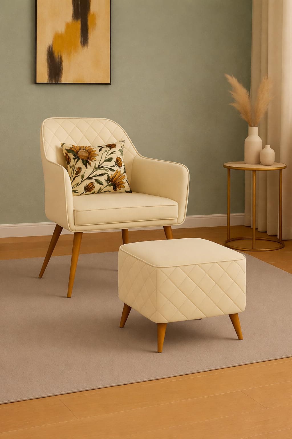 BAWARI Velvet Accent Chair with Pouffe & Floral Cushion | Modern Upholstered Armchair with Gold Metal Legs | Comfortable Lounge Chair for Living Room, Bedroom, Office (Off White)