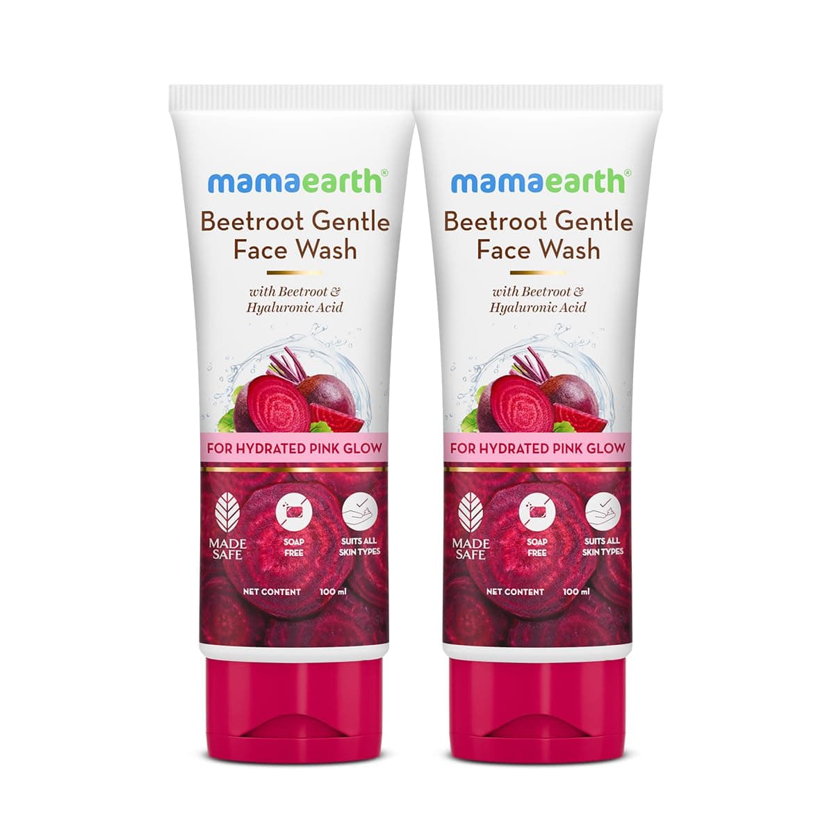 Mamaearth Beetroot Gentle Face Wash With Beetroot & Hyaluronic Acid | For Hydrated Pink Glow | Gently Cleanses, Hydrates & Soothes Skin | Soap - Free | Non-Irritant | Suits all Skin Types | 100 ml x 2