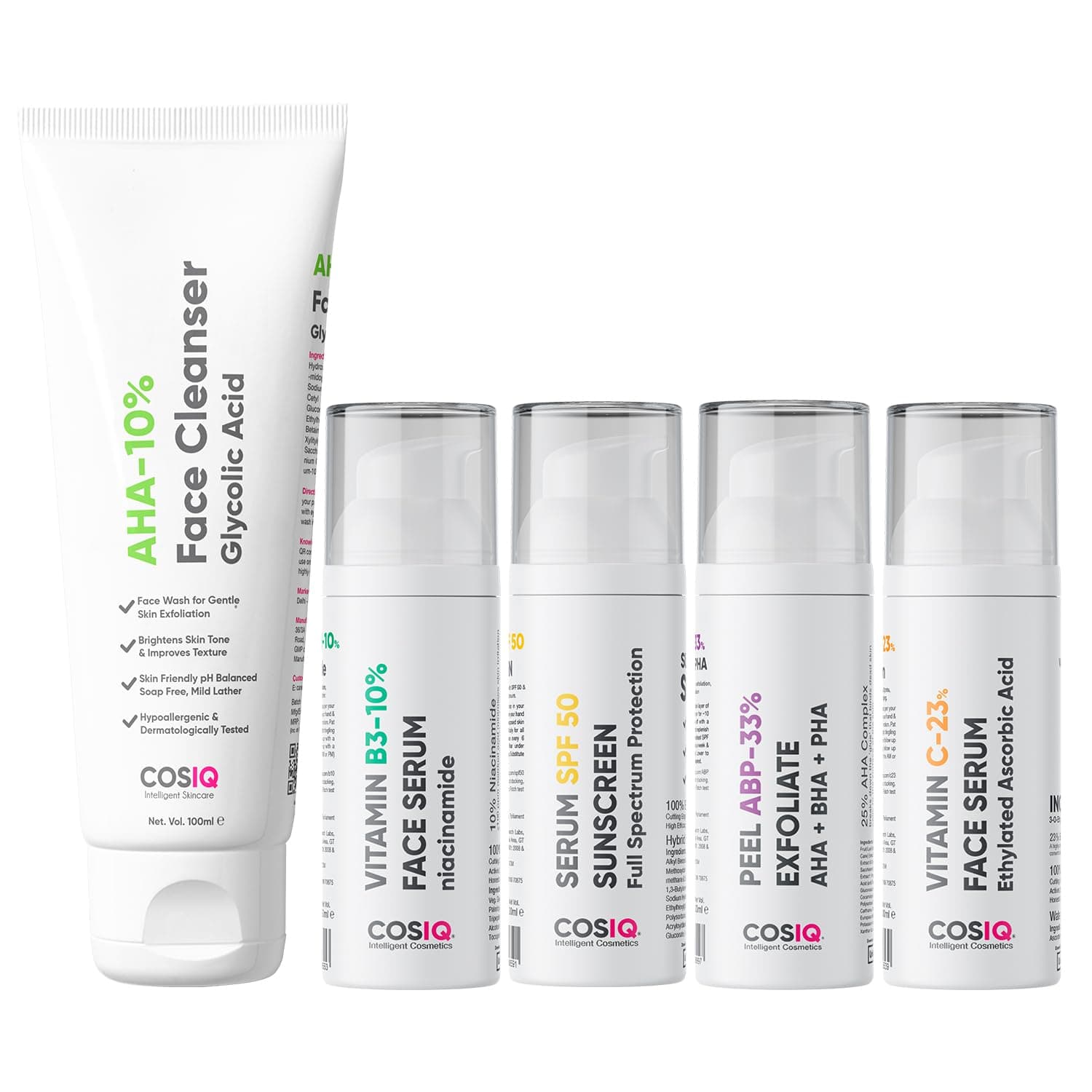 Cos-IQ Complete Kit for Glowing & Protect Skin, SPF 50 Sunscreen, ABP-33% Strong Exfoliating, Niacinamide Vitamin B3-10% Serum, Vitamin C-23% Serum and Glycolic Acid Face Cleanser