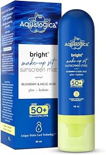 Aqualogica Bright+ Makeup-Set Sunscreen Mist SPF 50+ PA++++ with Blueberry & Kojic Acid | Ultra-Fine Mist for Easy Application over Makeup | Quick Drying | Sets Make-Up | No White Cast | Easy Reapplication | Hydrates & Refreshes | 80 ml