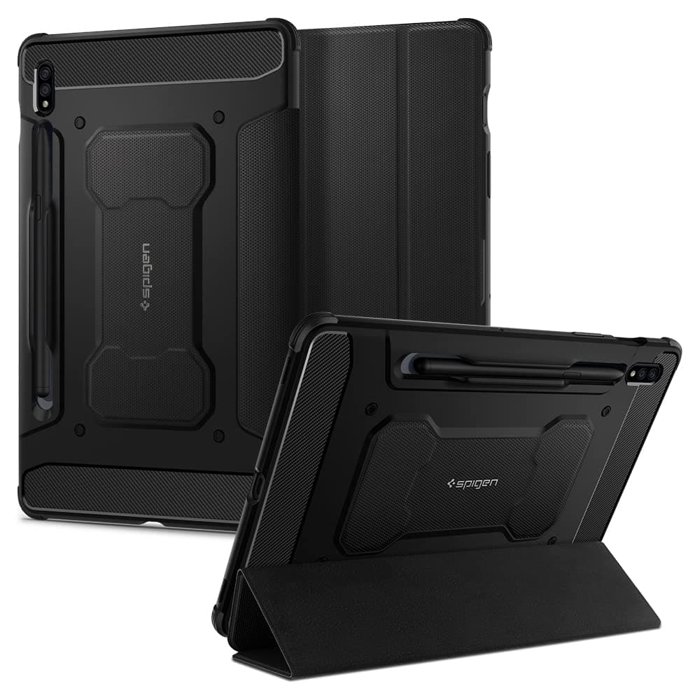 Spigen Rugged Armor Pro | Samsung Galaxy Tab S8/Tab S7 5G/Tab S7 Case [S Pen Holder] [Trifold Stand] 11 inch Folio Full Cover | TPU+PU Leather - Black