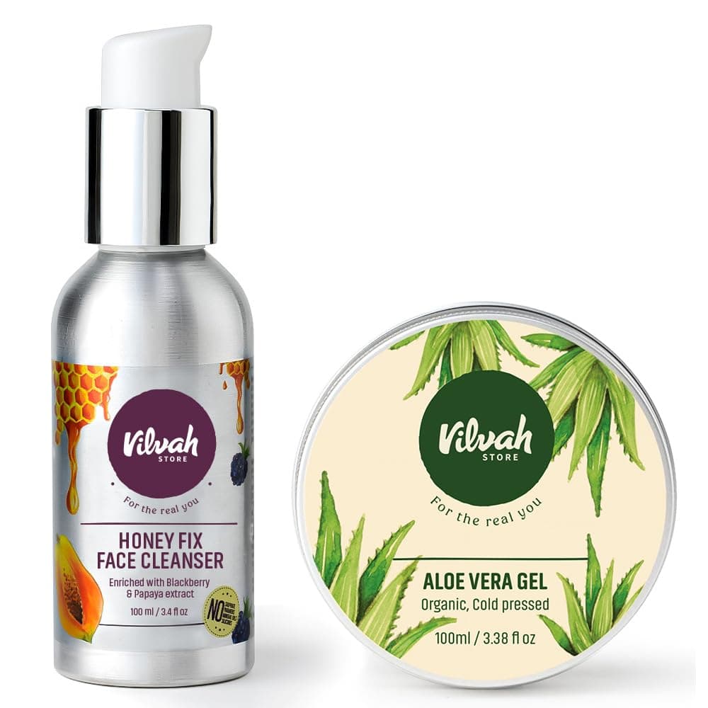 Vilvah Anti-Acne Combo | Honey Fix Face Wash + Aloe Vera Gel | Helps Fight Acne, Controls Excess Oil & Soothes Irritated Skin | Calms Redness & Supports Clear Skin | 100ml Each