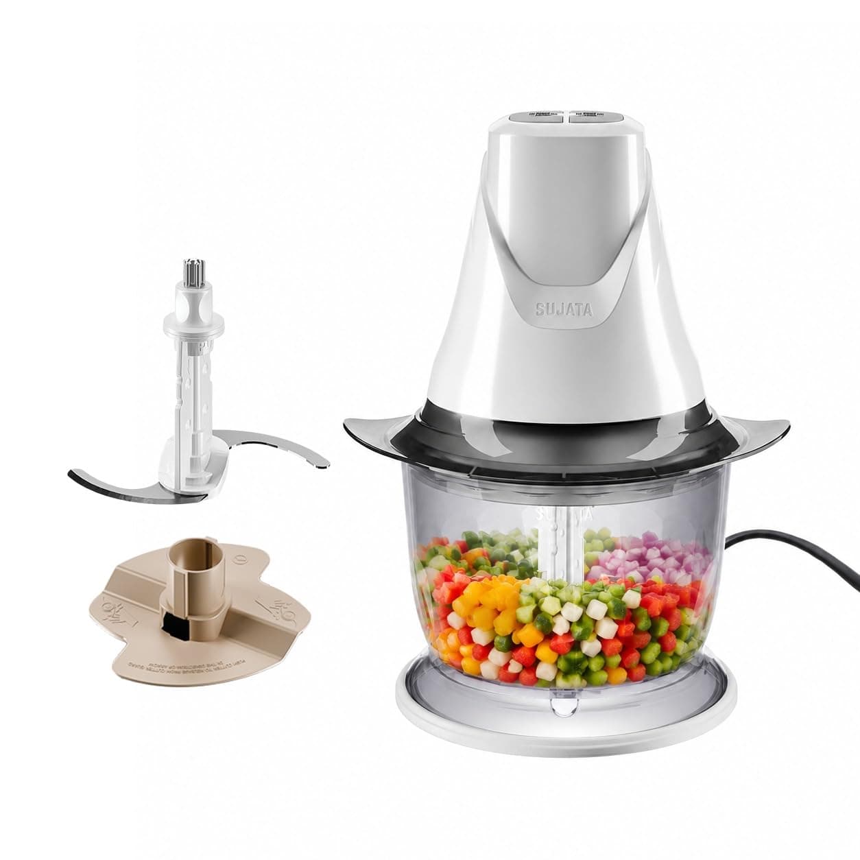 Sujata Chopcraft Electric Chopper 900ml, 260W Vegetable Chopper for Kitchen | Dual Speed | 3200 RPM High Speed Motor | Stainless Steel Blades | Chop, Mince, Whip & Blend | White