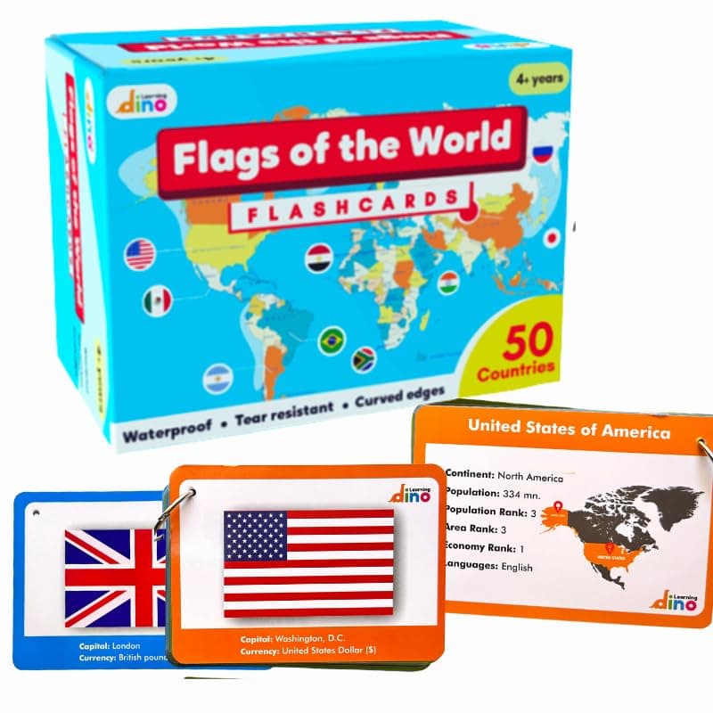 Learning dino World Countries Social_Skills Flashcards | World Country Flags Flash Cards for Kids - 50 Country, Continent, Capital, Population Country Flag, Economy, Languages, Currency Flashcards