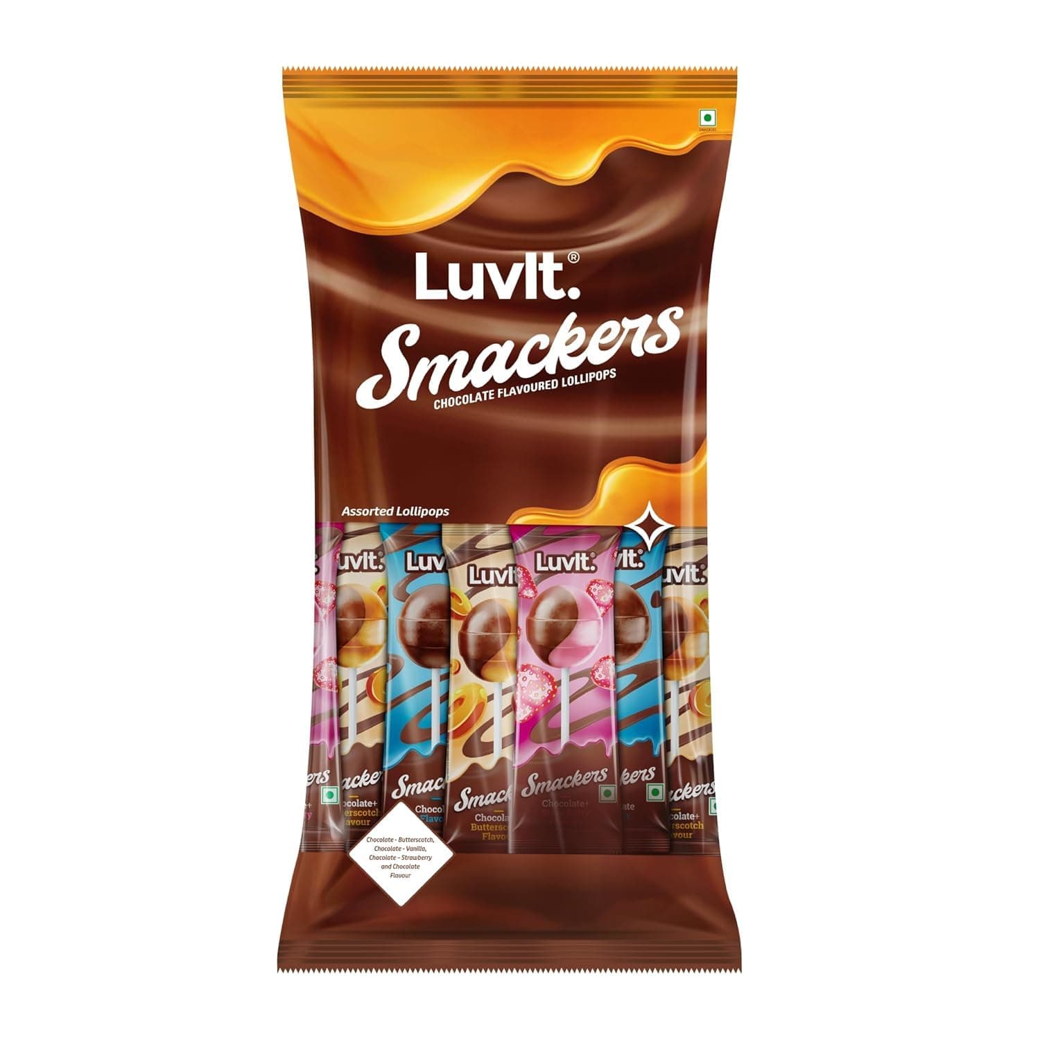 LuvIt. Smackers Chocolate Flavoured Lollipops (Butterscotch, Vanilla, Strawberry & Chocolate) | Pack of 6-480g Each