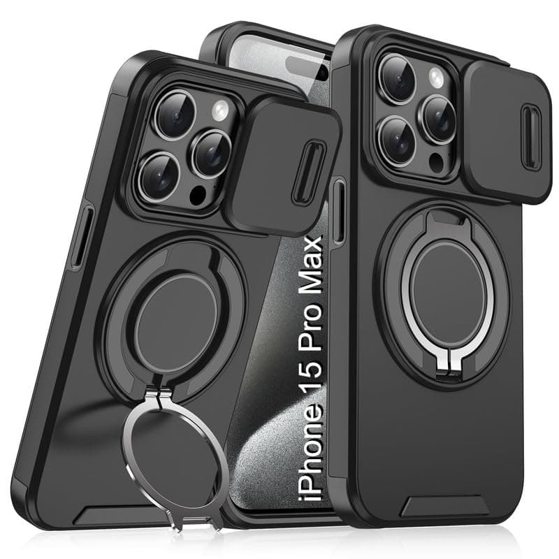 LuxuryKase Shockproof Rugged Case for iPhone 15 Pro Max | Slide Camera Cover | 360° Rotating Ring Kickstand | Military-Grade Protection - Matte Black