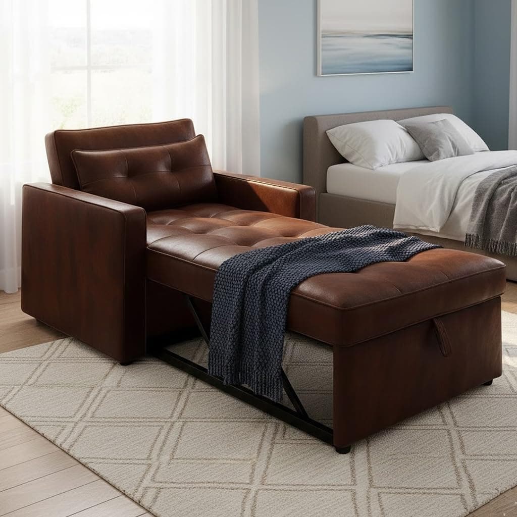 FURNY Tressa 1 Seater Leatherette Pull-Out Sofa Cum Bed Set (Dark Brown) Premium Finish | Comfortable & Durable | Ideal for Living Room