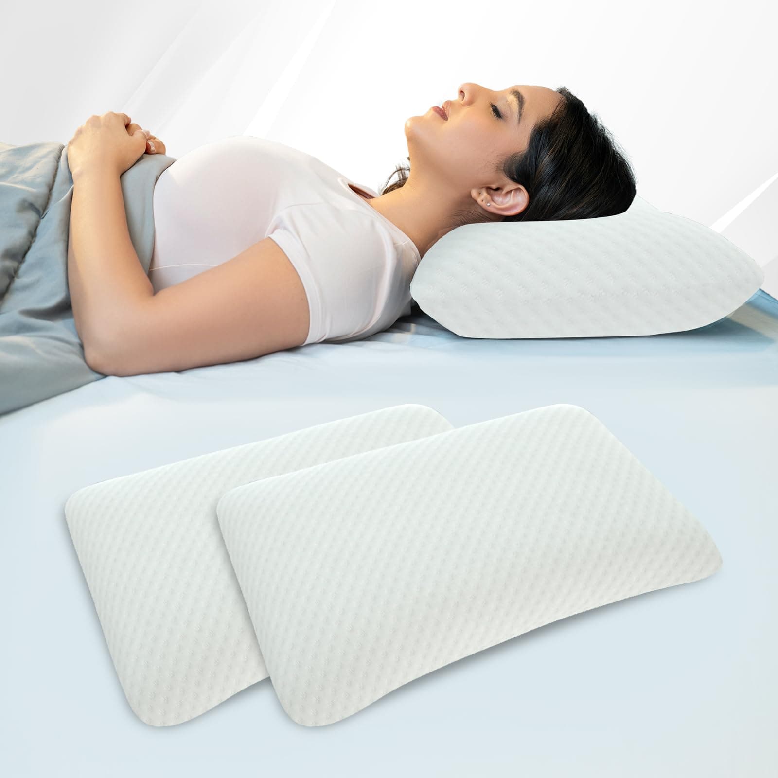 WELLGIVER Ergonomic Memory Foam Pillow for Neck Pain | 2 Years Warranty | 21 x 14 x 4.5 Inch | Orthopedic Pillow for Side Sleeping | Removable Washable Jacquard White Cover | Pack of 2