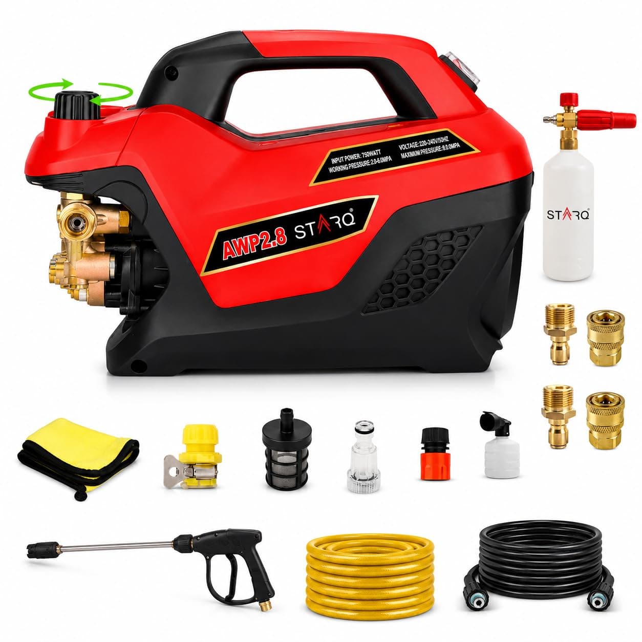 STARQ AWP 2.8 Combo High Pressure Car Washer Machine 2800 Watts, Pressure 350 Bar, 12L/Min Flow Rate and 8 Meter Hose Pipe with Professional 1L Foam Cannon Snow Lance Red