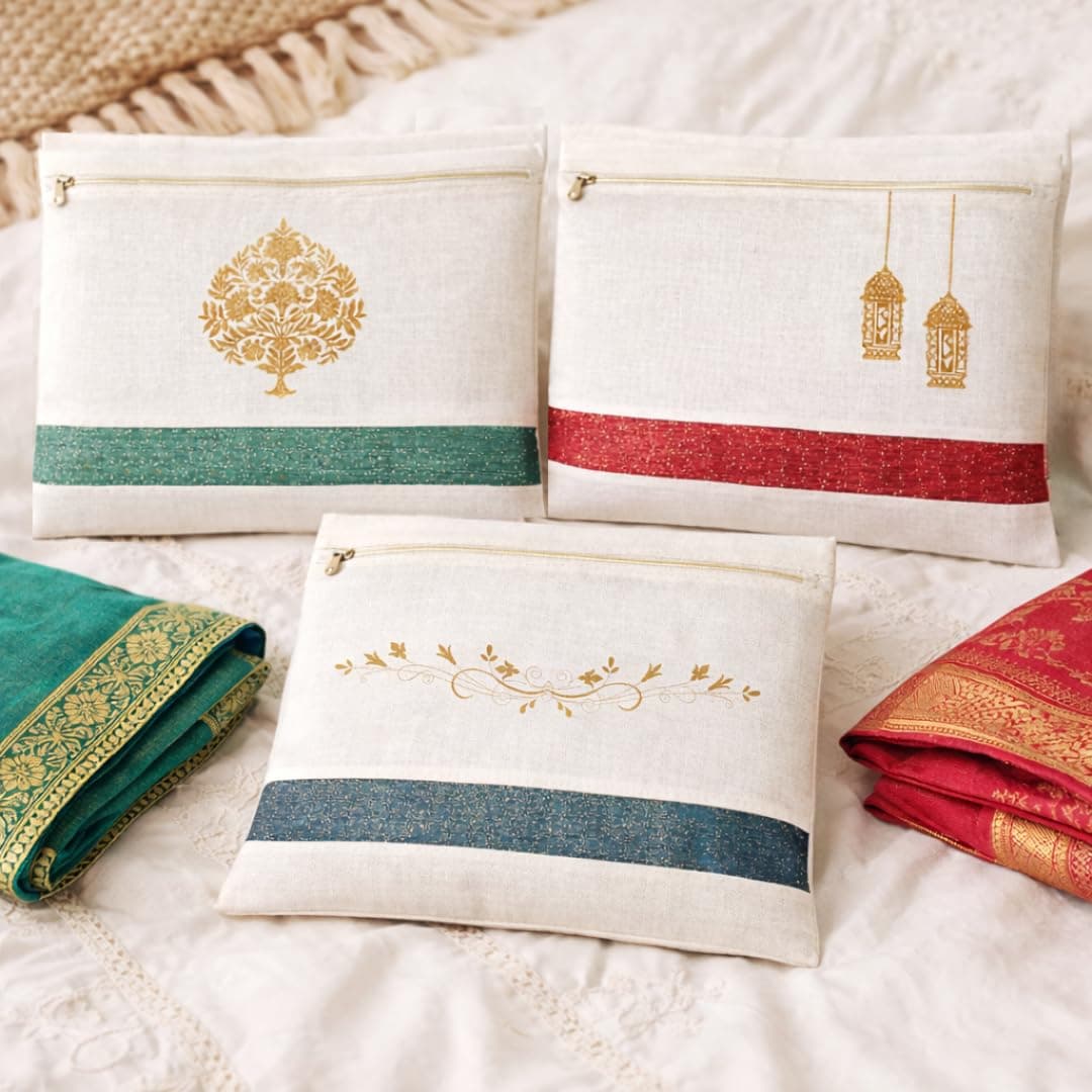 IVillage Reusable Cotton Saree Covers/Bags for Clothes Storage, Travelling, Wardrobe Organizer with Mesh window and Zip Closure (16 * 14 inches) - Pack of 3 | White