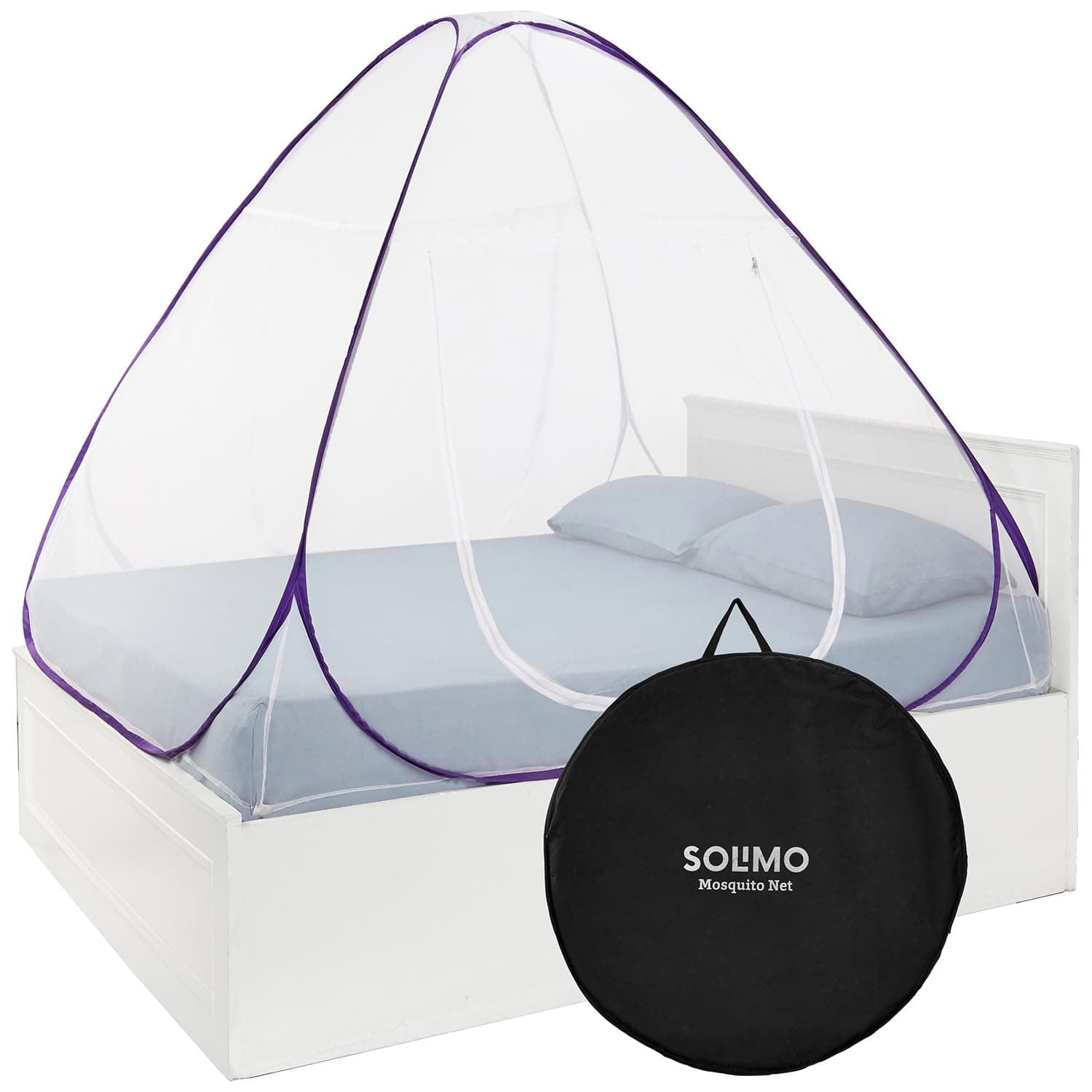 Amazon Brand - Solimo Mosquito Net for Double Bed with Mobile/Specs Pockets | King Size (180 x 180 x 140 cm) | Foldable Machardani | Polyester Net 40 GSM | PVC Coated Rust Resistant Wire (Purple)