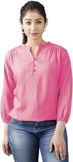 Womens Rayon 3/4 Sleeve Solid Top with Mandarin Collar and Front Button Detailing