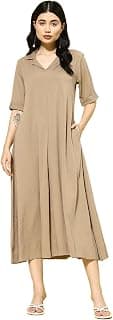 Varanga Women Beige A -line Calf Length Dress Featuring Classic Shirt Collar and Short Sleeves which offering Comfort and Ease