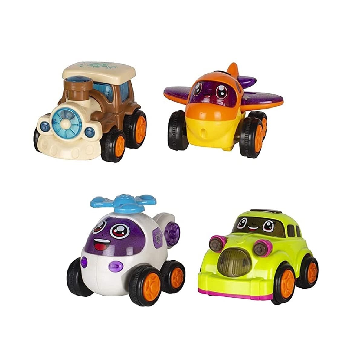 VGRASSP 4 Pcs Mini Friction Vehicle Toys for Kids - Push and Go Racing Car, Train Engine, Helicopter and Airplane with Moving Parts - Color As Per Stock