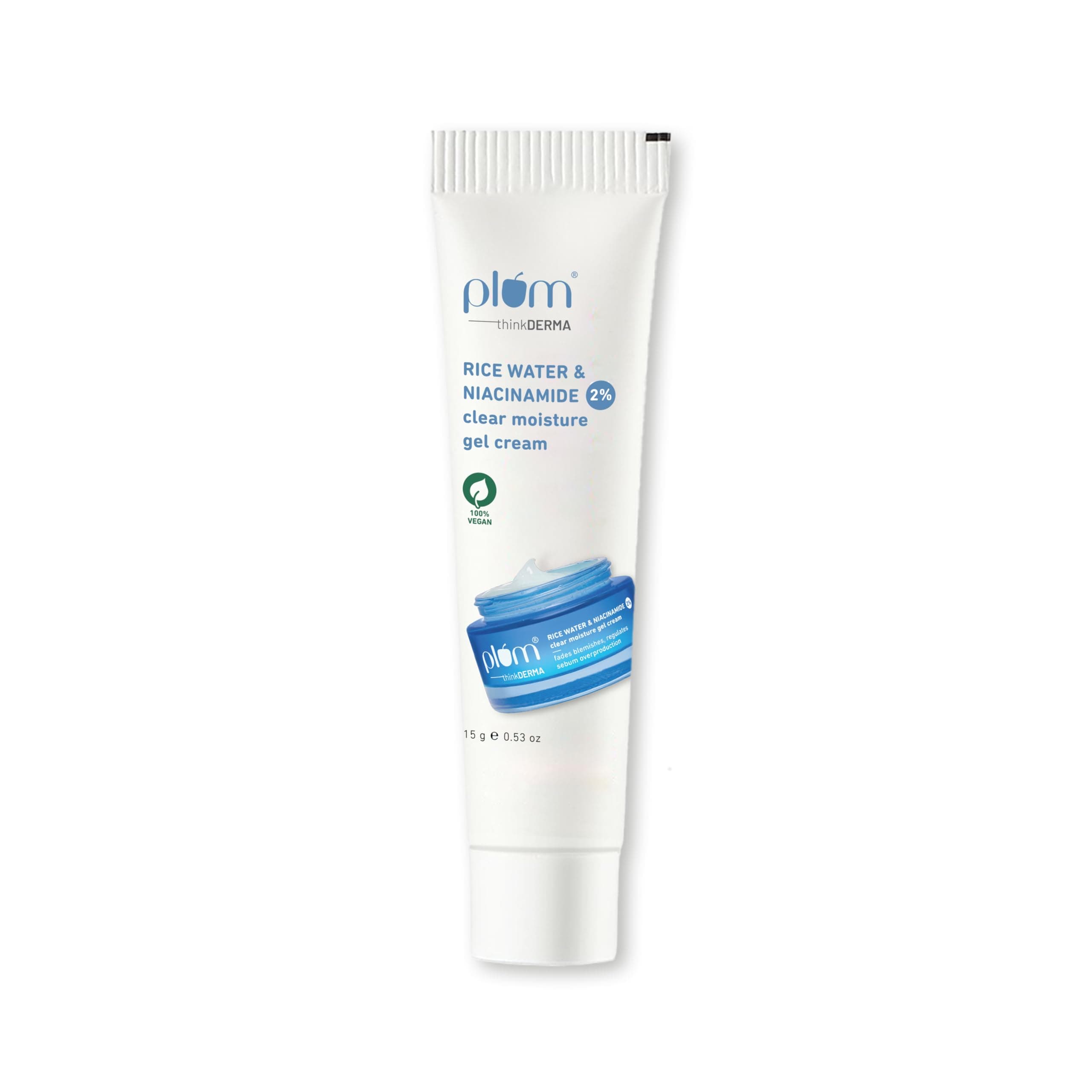 Plum 2% Niacinamide & Rice Water Superlight Gel Cream Moisturizer for Face | Oil-Free Hydration | Brightens, Fades Blemishes | Dermat-Tested | All Skin Types | Women & Men | 100% Vegan | 15 g