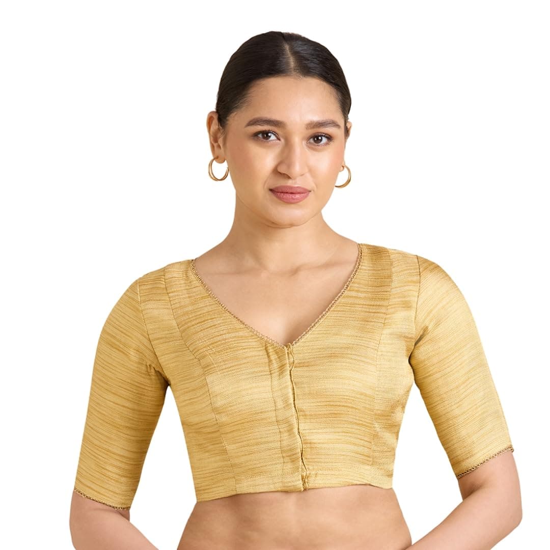 Studio Shringaar Women's Golden Benaras Brocade V-Neck Readymade Saree Blouse