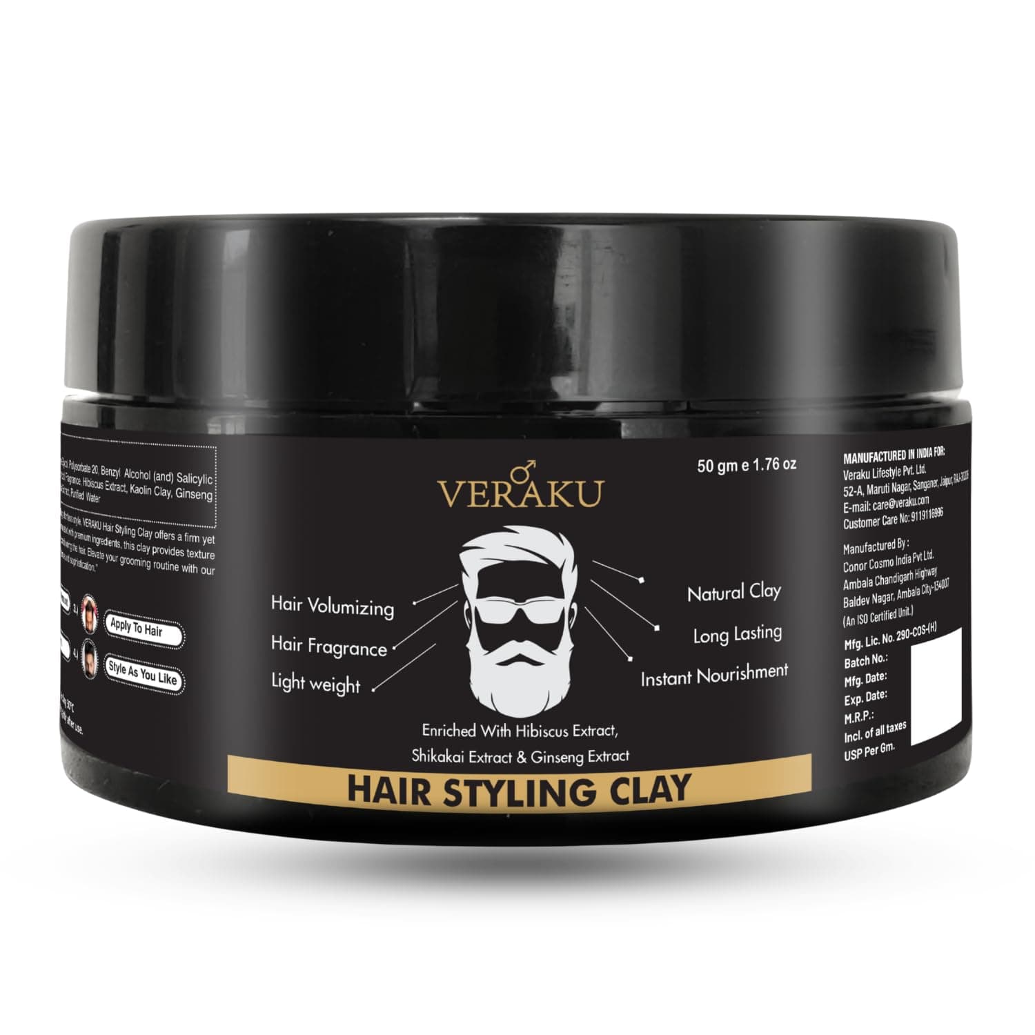Veraku Hair Styling Clay for Men | Strong Hold Matte Finish | Natural Look Hair Wax | Volumizing & Non-Greasy | With Hibiscus, Shikakai & Ginseng | 50g – Veraku
