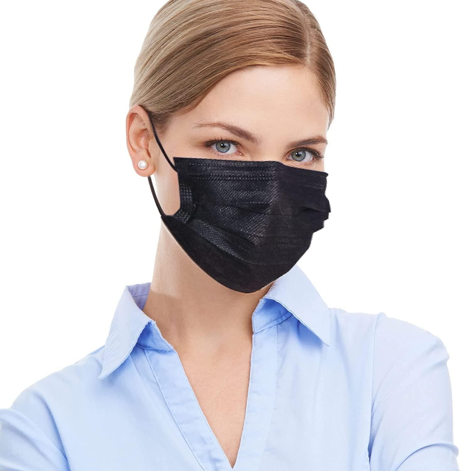 V SURZ Black 3 Ply Disposable Face Mask with Meltblown Filter, Breathable Lightweight Non-Woven Fabric, Soft Ear Loops, Comfortable Protective Mask for Men & Women