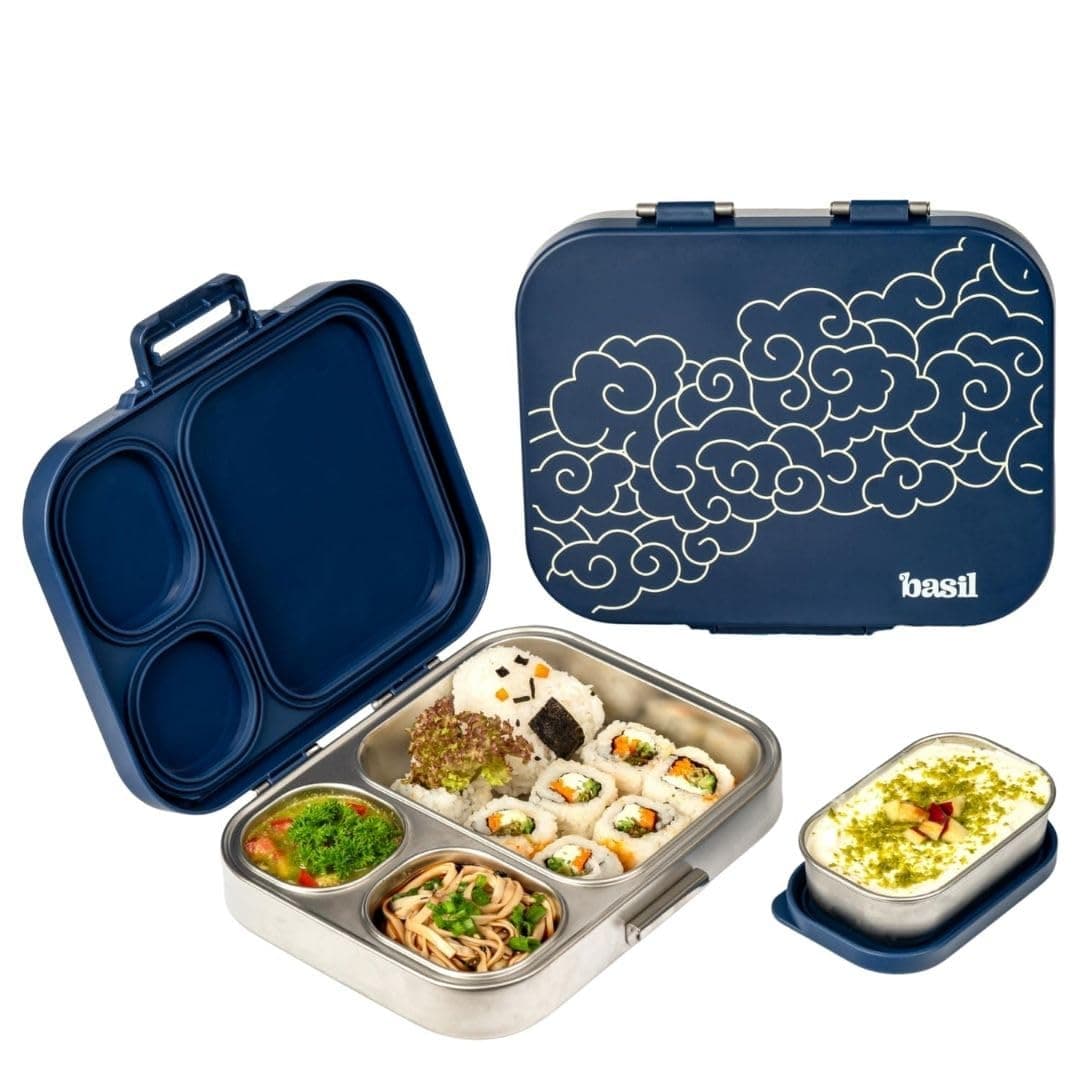Basil Bento Box Quad Plus – 3+1 Compartment Stainless Steel Lunch Box (1020ml) with BPA-Free Lid | Leak-Proof Tiffin for Kids & Adults | Premium Lunch Box for School, Office & Picnic – Midnight Sora