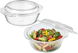 Amazon Brand - Solimo Borosilicate Glass Casserole-Cum-Serving Bowl with Lid | Set of 2 | Safe for Use in Oven and Microwave | Deep Round | 1000 Ml + 1500 Ml | Transparent