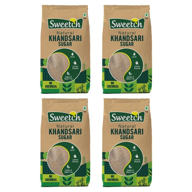 Sweetch Natural Khandsari Sugar (Raw cane) 1 kg Each Pack Desi Khand Sugar, Unrefined, Low GI, No Chemical, Sulphur & Bleach Free | Healthy for Baking & Cooking, Refine Sugar Replacement (Pack of 4)