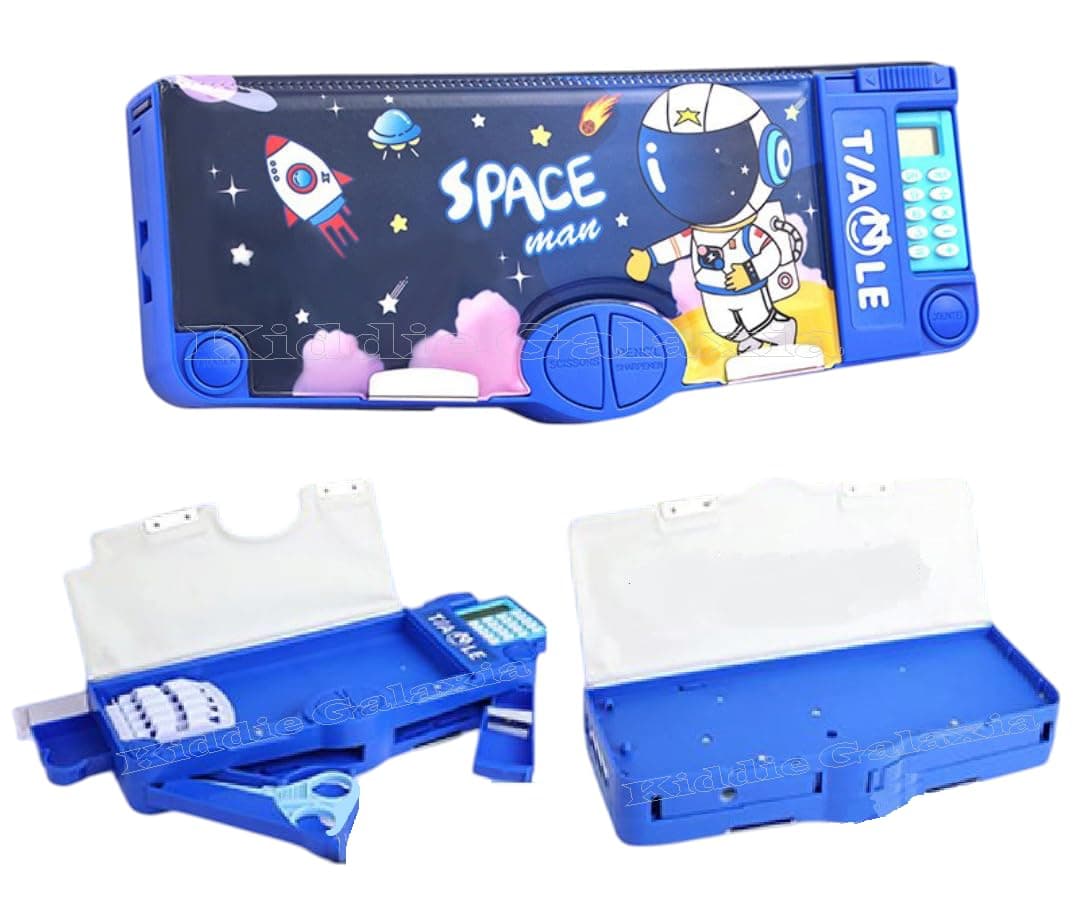 Kiddie Galaxia® Space Magnetic Multifunctional Pencil Box With Calculator Cute Astronaut Stationary Compass for Boys & Girls Geometry Kids Include Calculator-Scissor-Ruler-Eraser-Sharpener Gift School