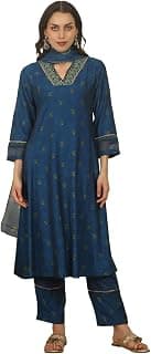 W for Woman Floral Printed Embroidered Flared Kurta, Pants and Dupatta Set