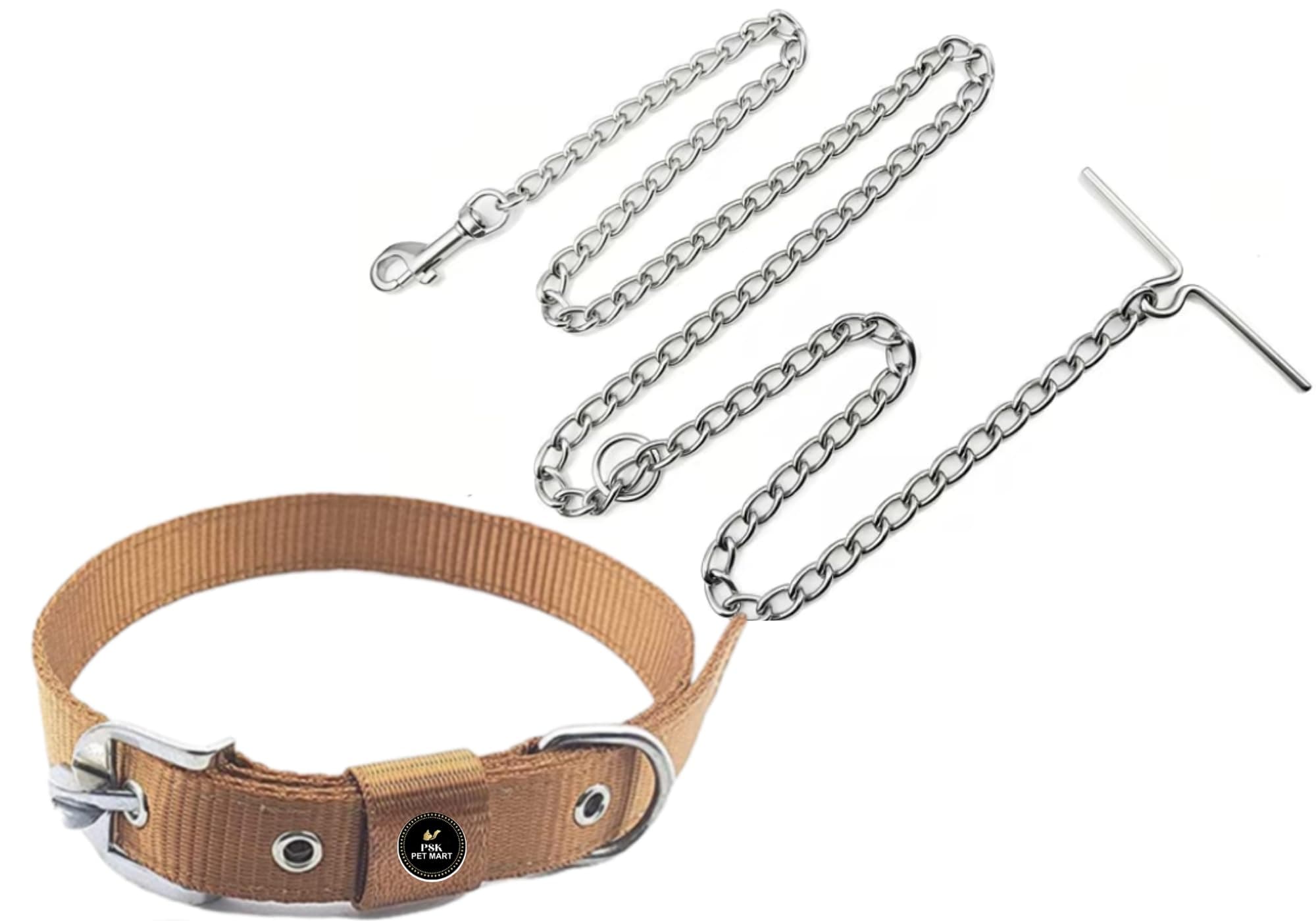 PSK PET MART Pet Belt Combo of Pet Collar Belt with Dog Chain Nylon Collar with Heavy Pet Chain (Brown, SWA Inch)