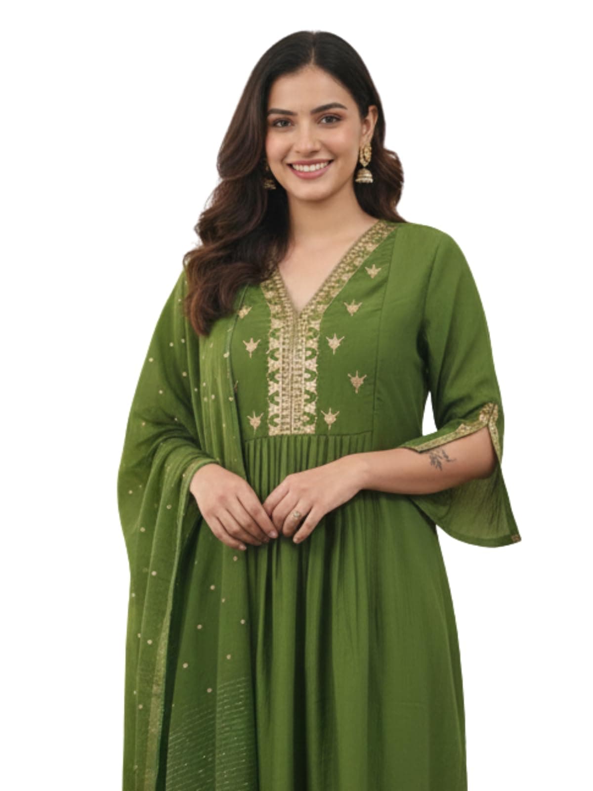Leriya Fashion Cotton Embroidery Kurta Sets for Woman | V Neck Anarkali Suit Embroidery for Women | Ethnic Kurta Set with Dupatta for Women | Wedding Kurti Set for Woman