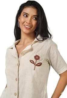 Women Beige Floral Embroidered Linen Blend Casual Shirt | Short Sleeve Button Down Summer Top for Women