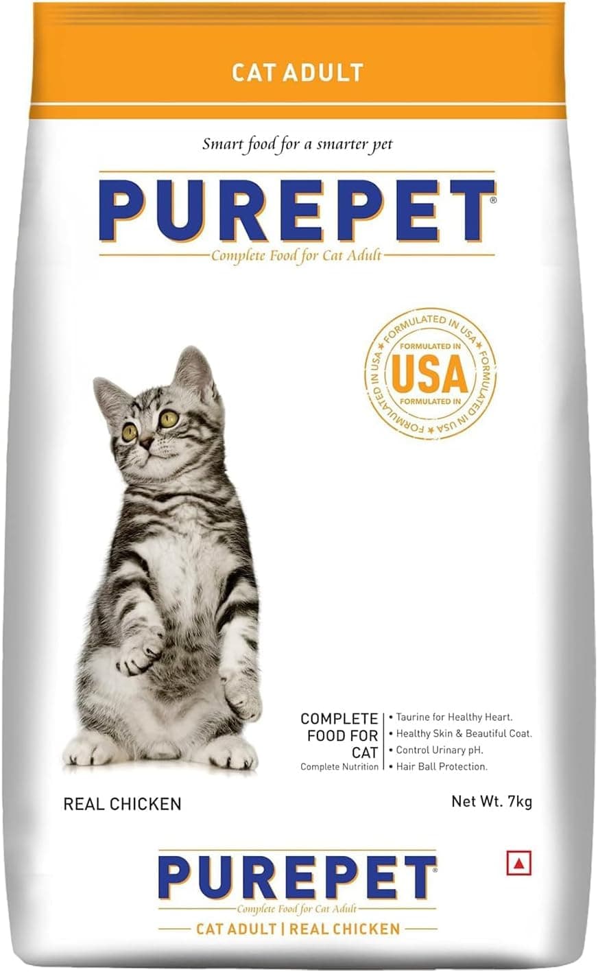 Purepet Adult Dry Cat Food 7kg | Real Chicken Flavour | Taurine for Strong Heart | Supports Skin & Coat | Maintains Urinary pH | Reduces Hairball Formation