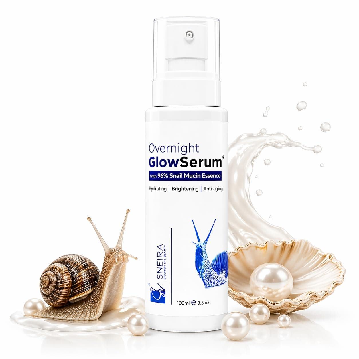 SNEIRA Snail Mucin 96% Face Serum 100ml | Korean Glass Skin Serum with Niacinamide & Hyaluronic Acid | Hydrating, Brightening & Anti-Aging Serum for Women & Men | Lightweight, Non-Sticky