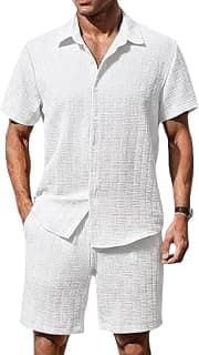 GRECIILOOKS Men’S Summer Casual Two Piece Outfit, Textured Button Down Shirt and Shorts Set, Lightweight Poly Blend Co-Ord for Beach, Travel & Lounge Wear